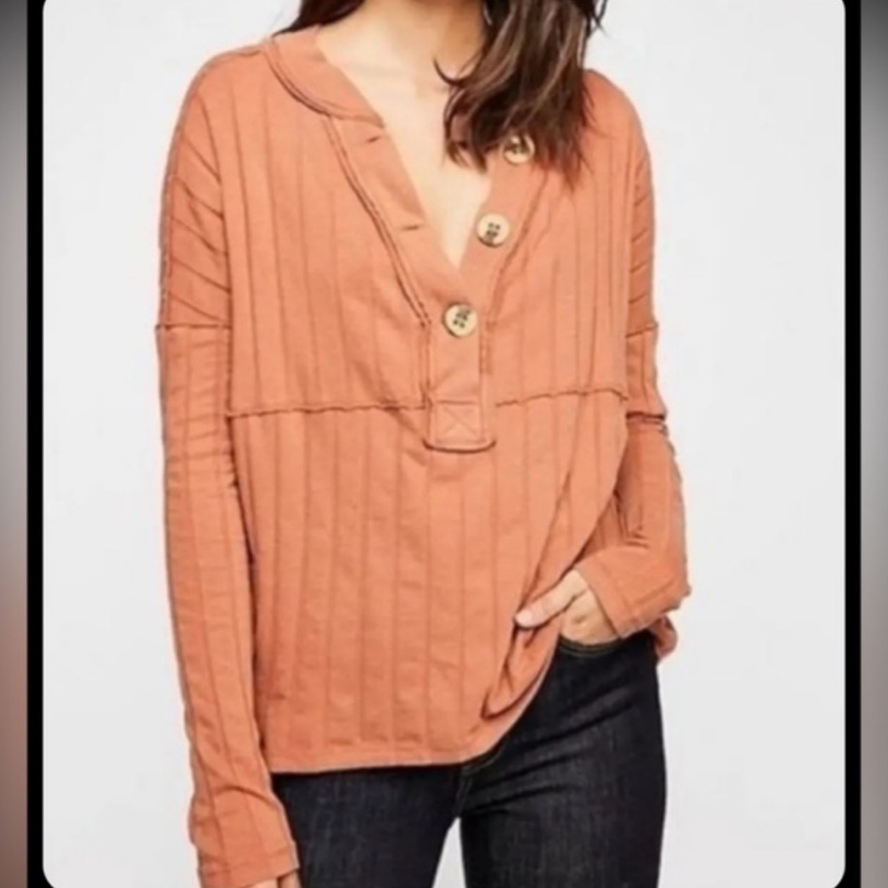 Free People We The Free In the Mix Henley Ribbed Long Sleeve Shirt Large Orange